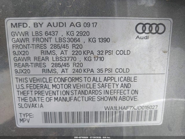 45765004 :رقم المزاد ، WA1LHAF7XJD015027 vin ، 2018 Audi Q7 2.0t Premium مزاد بيع