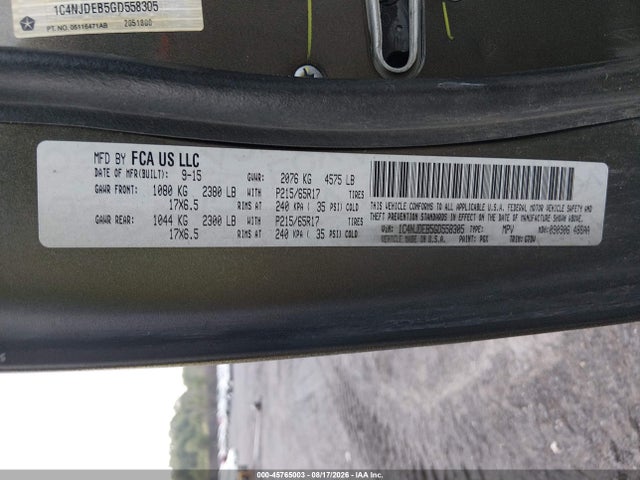 Aukcja sprzedaży 2016 Jeep Compass Latitude, vin: 1C4NJDEB5GD558305, numer aukcji: 45765003