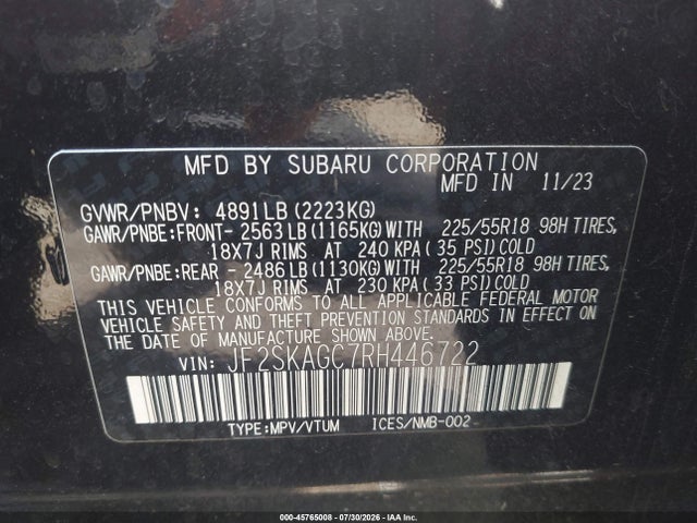 Продажа на аукционе авто 2024 Subaru Forester Sport, vin: JF2SKAGC7RH446722, номер лота: 45765008