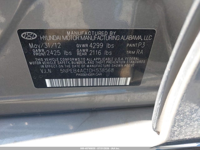 Продажа на аукционе авто 2013 Hyundai Sonata Gls, vin: 5NPEB4AC1DH538568, номер лота: 45765025