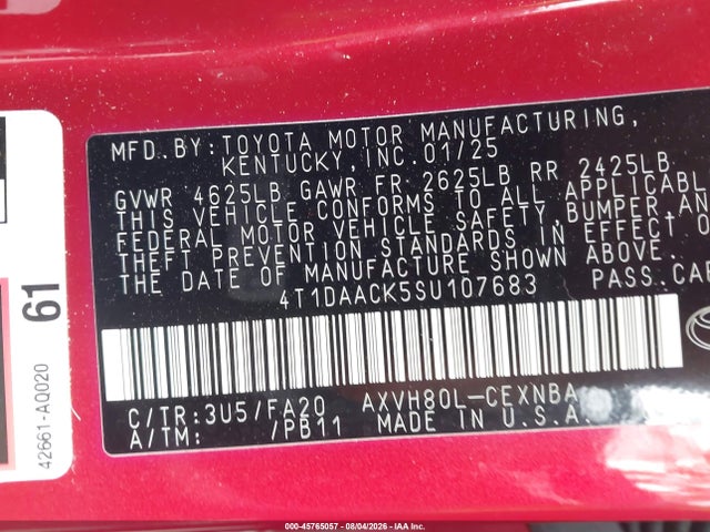 Aukcja sprzedaży 2025 Toyota Camry Le, vin: 4T1DAACK5SU107683, numer aukcji: 45765057