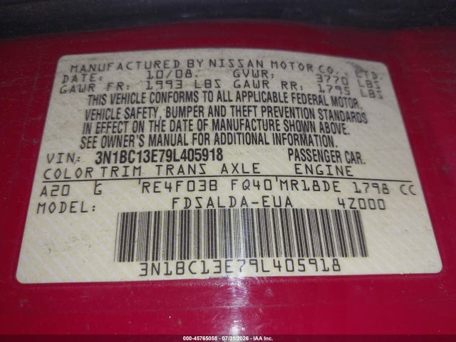Продажа на аукционе авто 2009 Nissan Versa 1.8s, vin: 3N1BC13E79L405918, номер лота: 45765058