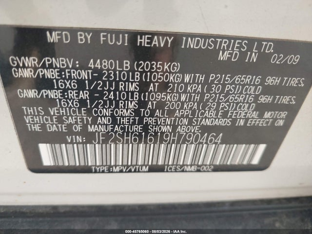 Aukcja sprzedaży 2009 Subaru Forester 2.5x, vin: JF2SH61619H790464, numer aukcji: 45765060