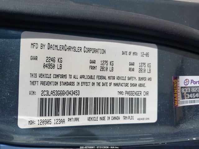 2006 Chrysler 300 Touring მანქანა იყიდება აუქციონზე, vin: 2C3LA53G66H343453, აუქციონის ნომერი: 45765061