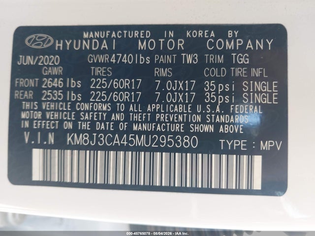 Продаж на аукціоні авто 2021 Hyundai Tucson Value, vin: KM8J3CA45MU295380, номер лоту: 45765078