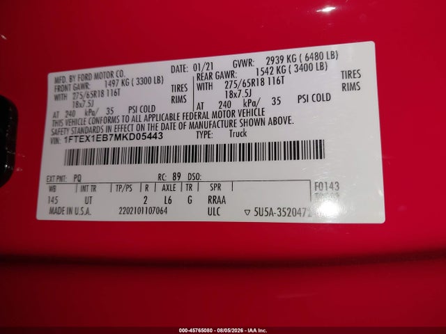 45765080 :رقم المزاد ، 1FTEX1EB7MKD05443 vin ، 2021 Ford F-150 Xlt مزاد بيع
