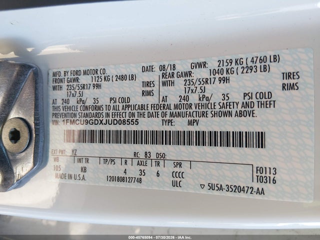 Ford ESCAPE SE 2018 1FMCU9GDXJUD08555 Image 9