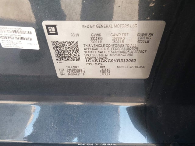 2019 Gmc Yukon Xl Slt მანქანა იყიდება აუქციონზე, vin: 1GKS1GKC9KR312052, აუქციონის ნომერი: 45765098