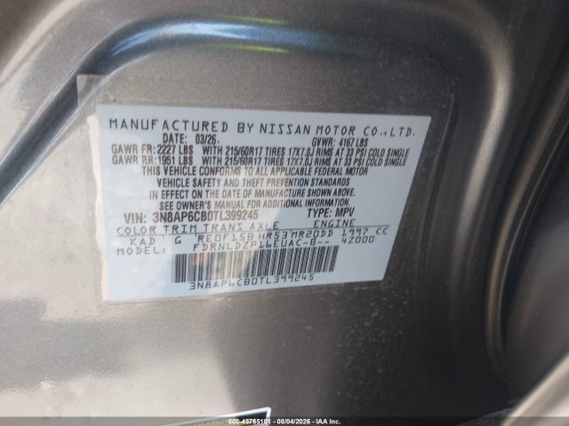 Продажа на аукционе авто 2026 Nissan Kicks Sv, vin: 3N8AP6CB0TL399245, номер лота: 45765101
