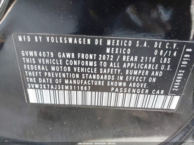 3VW2K7AJ3EM311667 Volkswagen Jetta 2.0l S