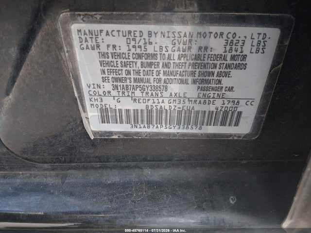 3N1AB7AP5GY338578 Nissan SENTRA SV