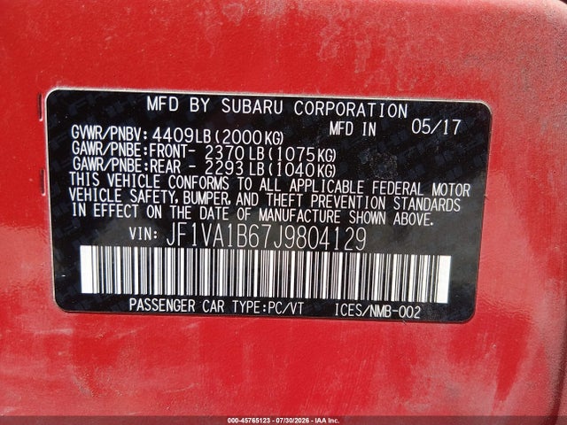45765123 :رقم المزاد ، JF1VA1B67J9804129 vin ، 2018 Subaru Wrx Premium مزاد بيع