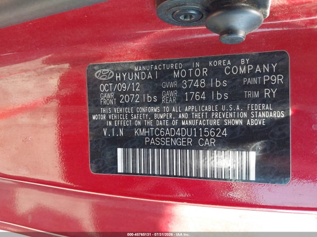 Aukcja sprzedaży 2013 Hyundai Veloster Base W/black, vin: KMHTC6AD4DU115624, numer aukcji: 45765131
