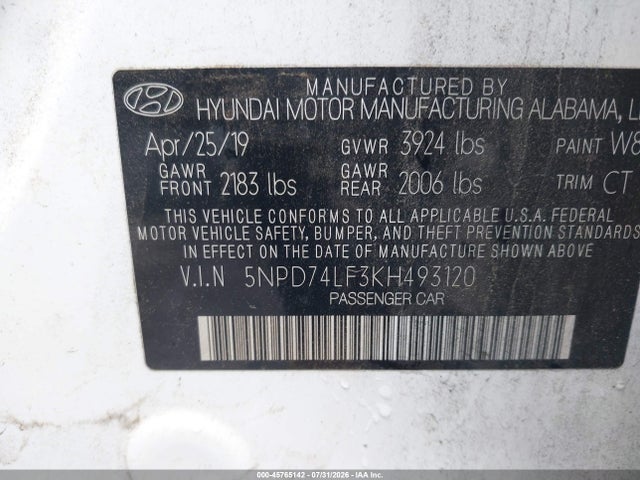 2019 Hyundai Elantra Se მანქანა იყიდება აუქციონზე, vin: 5NPD74LF3KH493120, აუქციონის ნომერი: 45765142