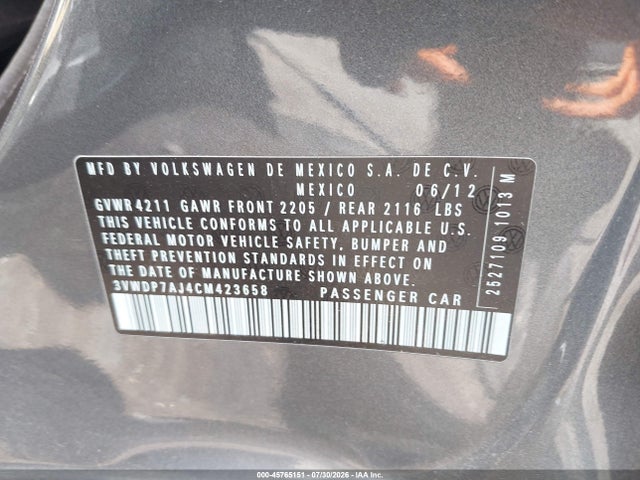 Продажа на аукционе авто 2012 Volkswagen Jetta 2.5l Se, vin: 3VWDP7AJ4CM423658, номер лота: 45765151
