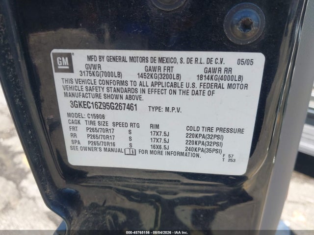 Продаж на аукціоні авто 2005 Gmc Yukon Xl 1500 Slt, vin: 3GKEC16Z95G267461, номер лоту: 45765156