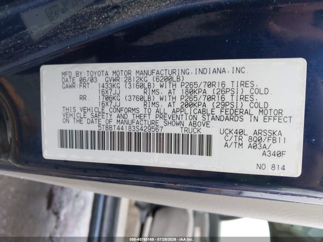 Auction sale of the 2003 Toyota Tundra Sr5 V8, vin: 5TBBT44183S429567, lot number: 45765169