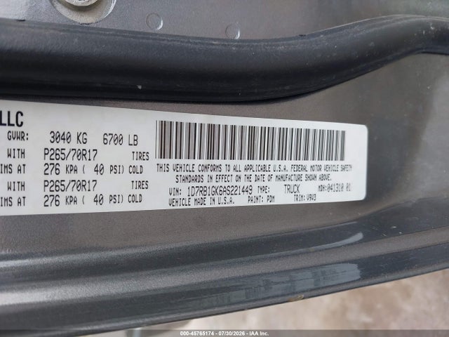 Aukcja sprzedaży 2010 Dodge Ram 1500 St, vin: 1D7RB1GK6AS221449, numer aukcji: 45765174