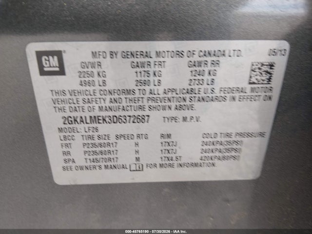 2013 Gmc Terrain Sle-1 მანქანა იყიდება აუქციონზე, vin: 2GKALMEK3D6372687, აუქციონის ნომერი: 45765190