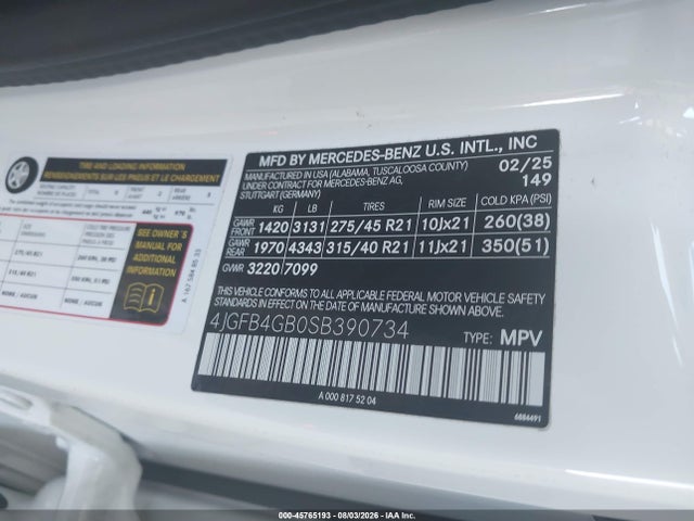 Aukcja sprzedaży 2025 Mercedes-benz Gle 450e 4matic, vin: 4JGFB4GB0SB390734, numer aukcji: 45765193
