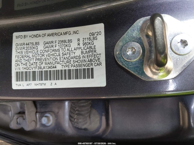 2020 Honda Accord Sport მანქანა იყიდება აუქციონზე, vin: 1HGCV1F39LA134544, აუქციონის ნომერი: 45765197