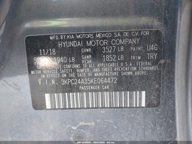 2019 Hyundai Accent Se მანქანა იყიდება აუქციონზე, vin: 3KPC24A35KE064472, აუქციონის ნომერი: 45765201