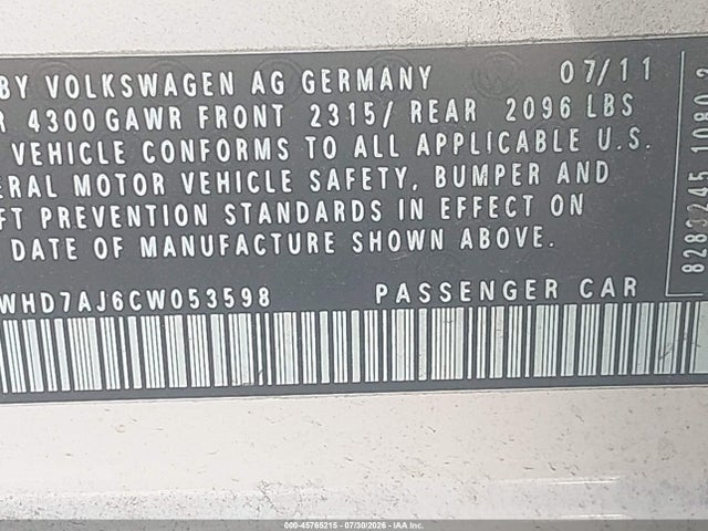45765215 :رقم المزاد ، WVWHD7AJ6CW053598 vin ، 2012 Volkswagen Gti 4-door Autobahn مزاد بيع
