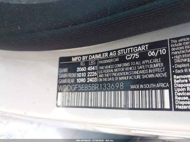 45765225 :رقم المزاد ، WDDGF5EB5BR133698 vin ، 2011 Mercedes-benz C 300 Luxury/sport مزاد بيع
