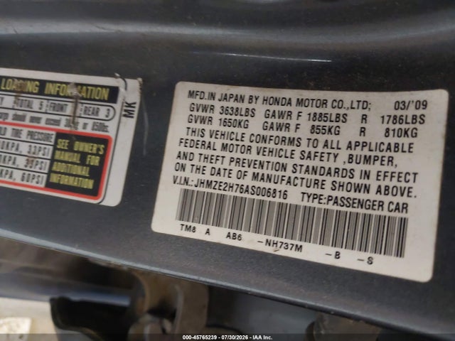 2010 Honda Insight Ex მანქანა იყიდება აუქციონზე, vin: JHMZE2H76AS006816, აუქციონის ნომერი: 45765239