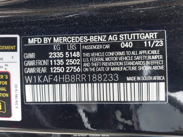 Продаж на аукціоні авто 2024 Mercedes-benz C 300, vin: W1KAF4HB8RR188233, номер лоту: 45765247