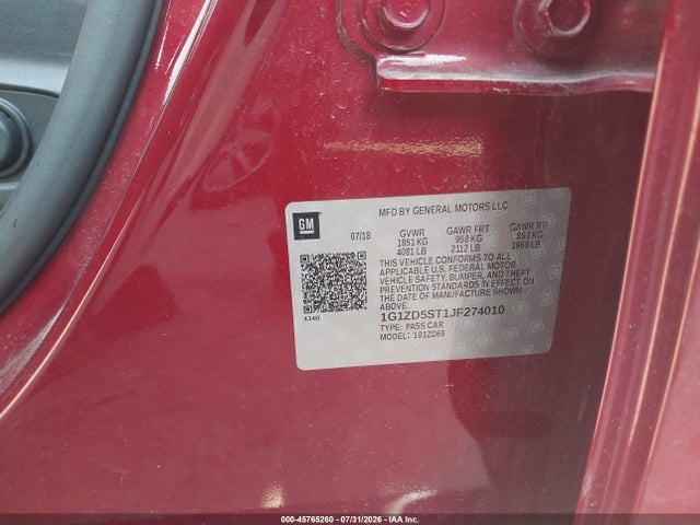 45765260 :رقم المزاد ، 1G1ZD5ST1JF274010 vin ، 2018 Chevrolet Malibu Lt مزاد بيع