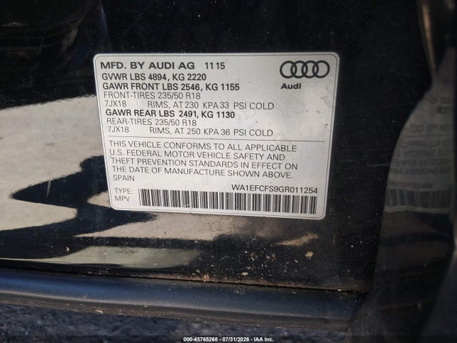 Aukcja sprzedaży 2016 Audi Q3 2.0t Premium Plus, vin: WA1EFCFS9GR011254, numer aukcji: 45765268