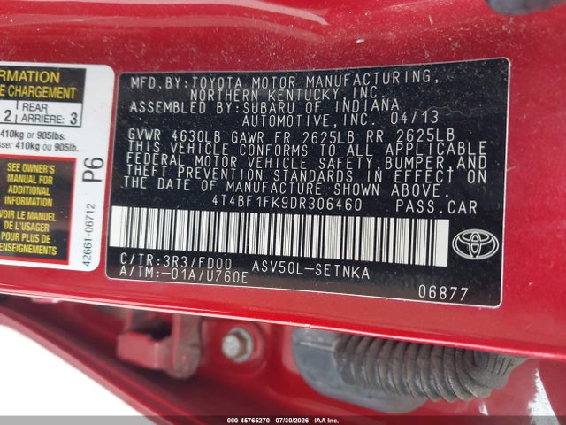 2013 Toyota Camry Le მანქანა იყიდება აუქციონზე, vin: 4T4BF1FK9DR306460, აუქციონის ნომერი: 45765270