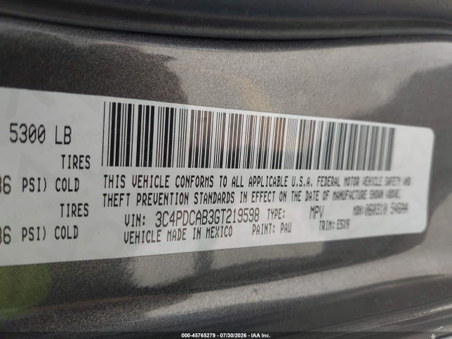 45765279 :رقم المزاد ، 3C4PDCAB3GT219598 vin ، 2016 Dodge Journey Se مزاد بيع