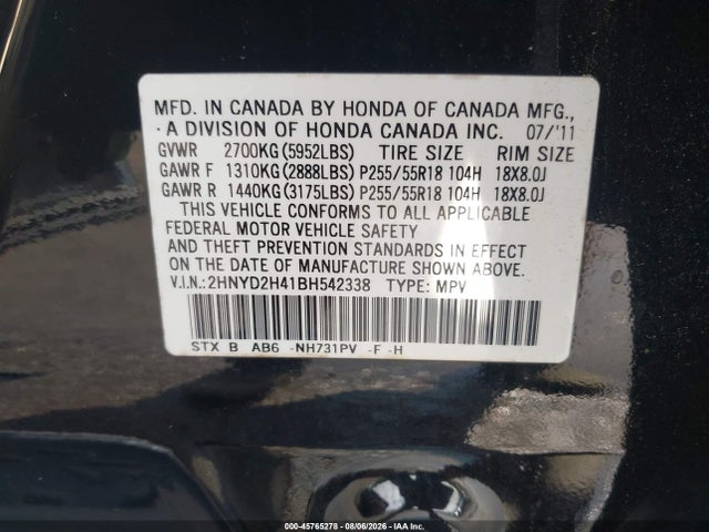 45765278 :رقم المزاد ، 2HNYD2H41BH542338 vin ، 2011 Acura Mdx Technology Package مزاد بيع