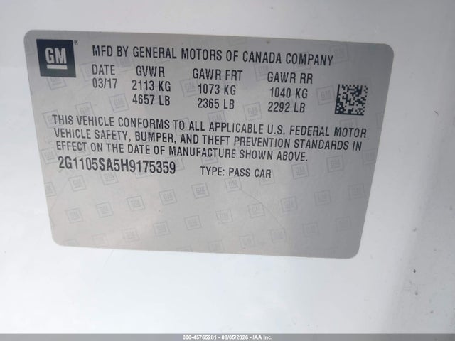 45765281 :رقم المزاد ، 2G1105SA5H9175359 vin ، 2017 Chevrolet Impala 1lt مزاد بيع