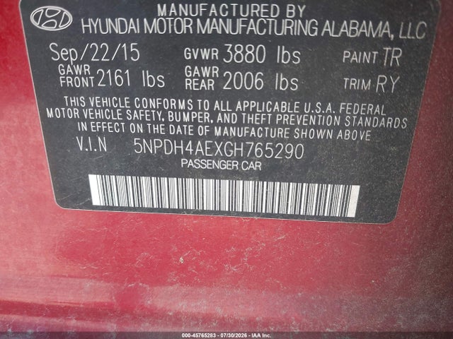 45765283 :رقم المزاد ، 5NPDH4AEXGH765290 vin ، 2016 Hyundai Elantra Value Edition مزاد بيع