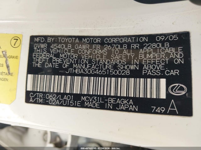 Aukcja sprzedaży 2006 Lexus Es 330, vin: JTHBA30G465150028, numer aukcji: 45765310