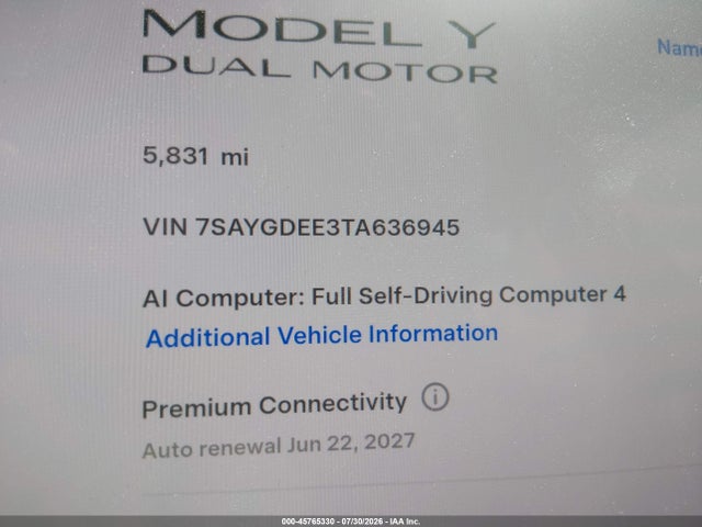 7SAYGDEE3TA636945 Tesla Model Y All-wheel Drive/long Range Launch Series/premium All-wheel Drive