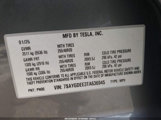 7SAYGDEE3TA636945 Tesla Model Y All-wheel Drive/long Range Launch Series/premium All-wheel Drive