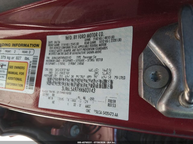 Продаж на аукціоні авто 2017 Lincoln Mkz Premiere, vin: 3LN6L5A97HR603143, номер лоту: 45765331