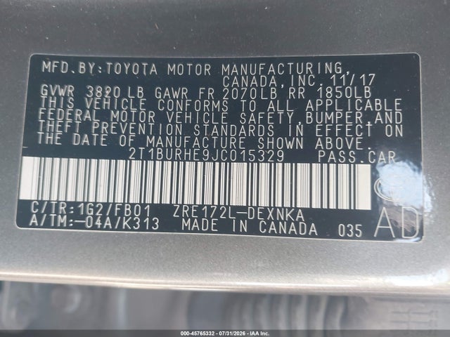 2T1BURHE9JC015329 Toyota COROLLA LE