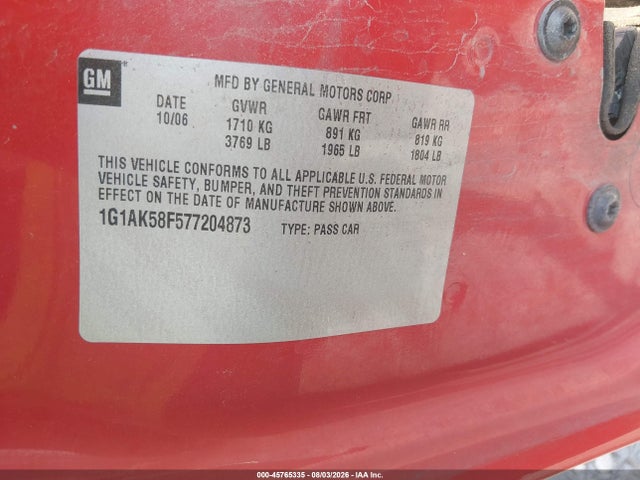 45765335 :رقم المزاد ، 1G1AK58F577204873 vin ، 2007 Chevrolet Cobalt Ls مزاد بيع