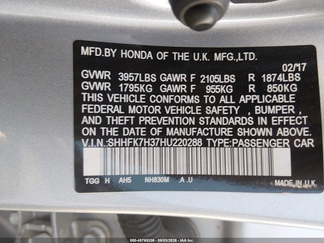 Aukcja sprzedaży 2017 Honda Civic Lx, vin: SHHFK7H37HU220288, numer aukcji: 45765336