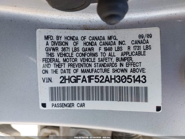 2010 Honda Civic Lx მანქანა იყიდება აუქციონზე, vin: 2HGFA1F52AH305143, აუქციონის ნომერი: 45765338