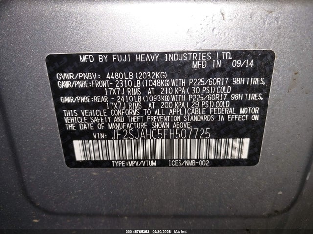 45765353 :رقم المزاد ، JF2SJAHC5FH507725 vin ، 2015 Subaru Forester 2.5i Limited مزاد بيع