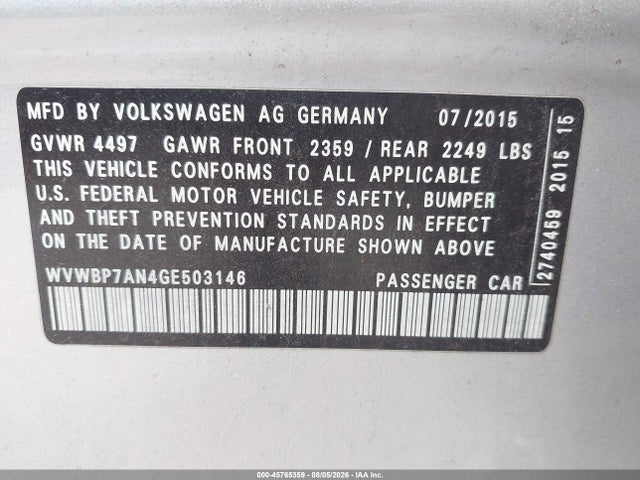45765359 :رقم المزاد ، WVWBP7AN4GE503146 vin ، 2016 Volkswagen Cc 2.0t Sport مزاد بيع