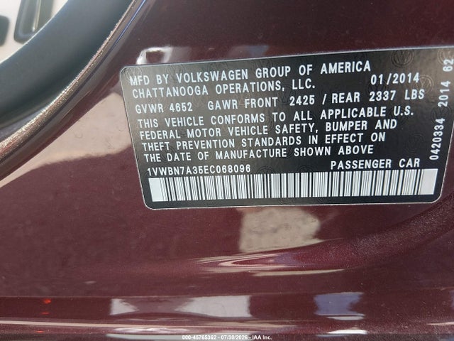 Aukcja sprzedaży 2014 Volkswagen Passat 2.0l Tdi Se, vin: 1VWBN7A35EC068096, numer aukcji: 45765362