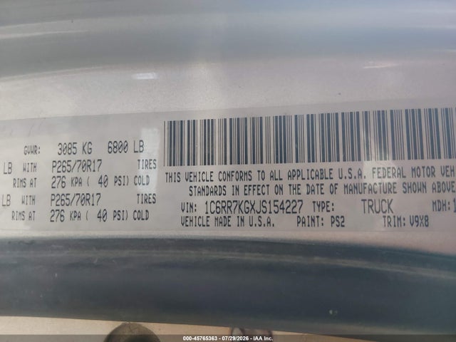 1C6RR7KGXJS154227 RAM 1500 Tradesman 4x4 5&#039;7 Box