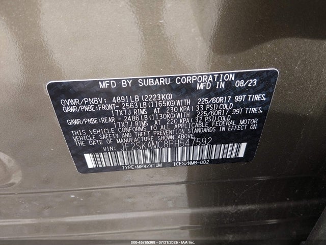 45765368 :رقم المزاد ، JF2SKAMC8PH547592 vin ، 2023 Subaru Forester Wilderness مزاد بيع